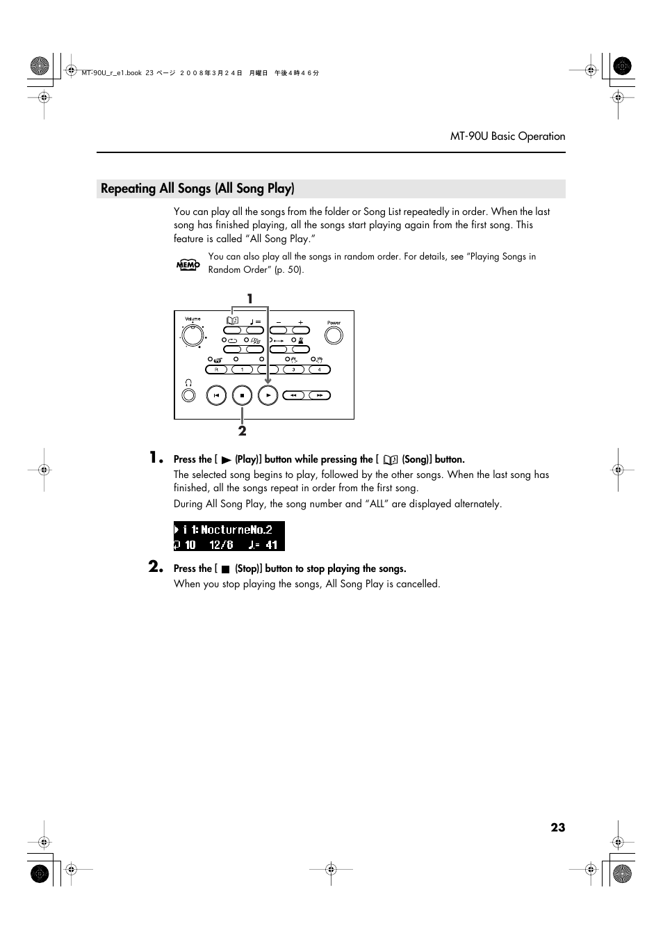 Repeating all songs (all song play) | Roland MT-90U User Manual | Page 23 / 72