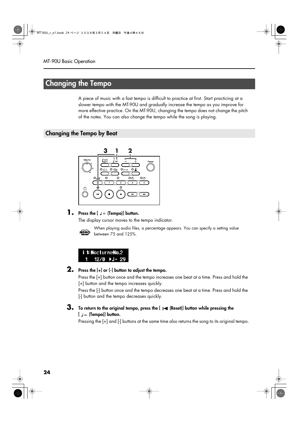 Changing the tempo, Changing the tempo by beat, Press this button to adjust the tempo (p. 24) | Roland MT-90U User Manual | Page 24 / 72