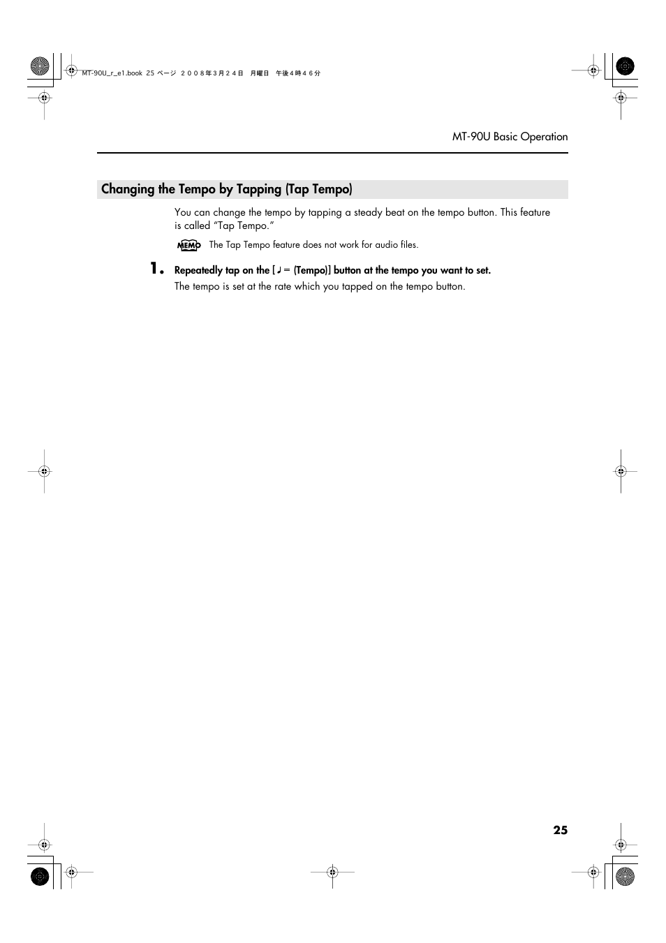 Changing the tempo by tapping (tap tempo) | Roland MT-90U User Manual | Page 25 / 72