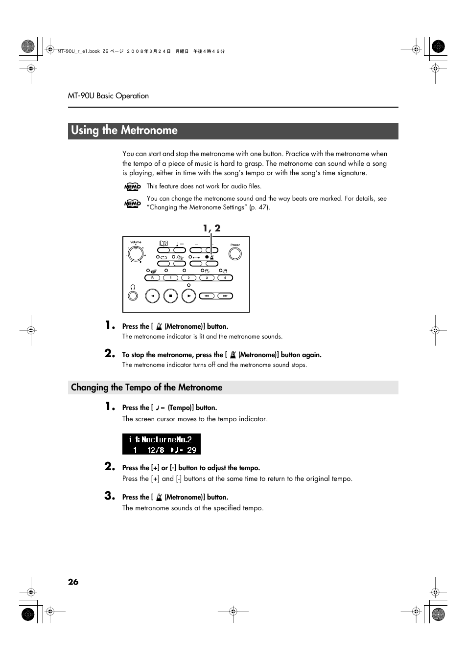 Using the metronome, Changing the tempo of the metronome, Turns on the built-in metronome (p. 26) | Roland MT-90U User Manual | Page 26 / 72