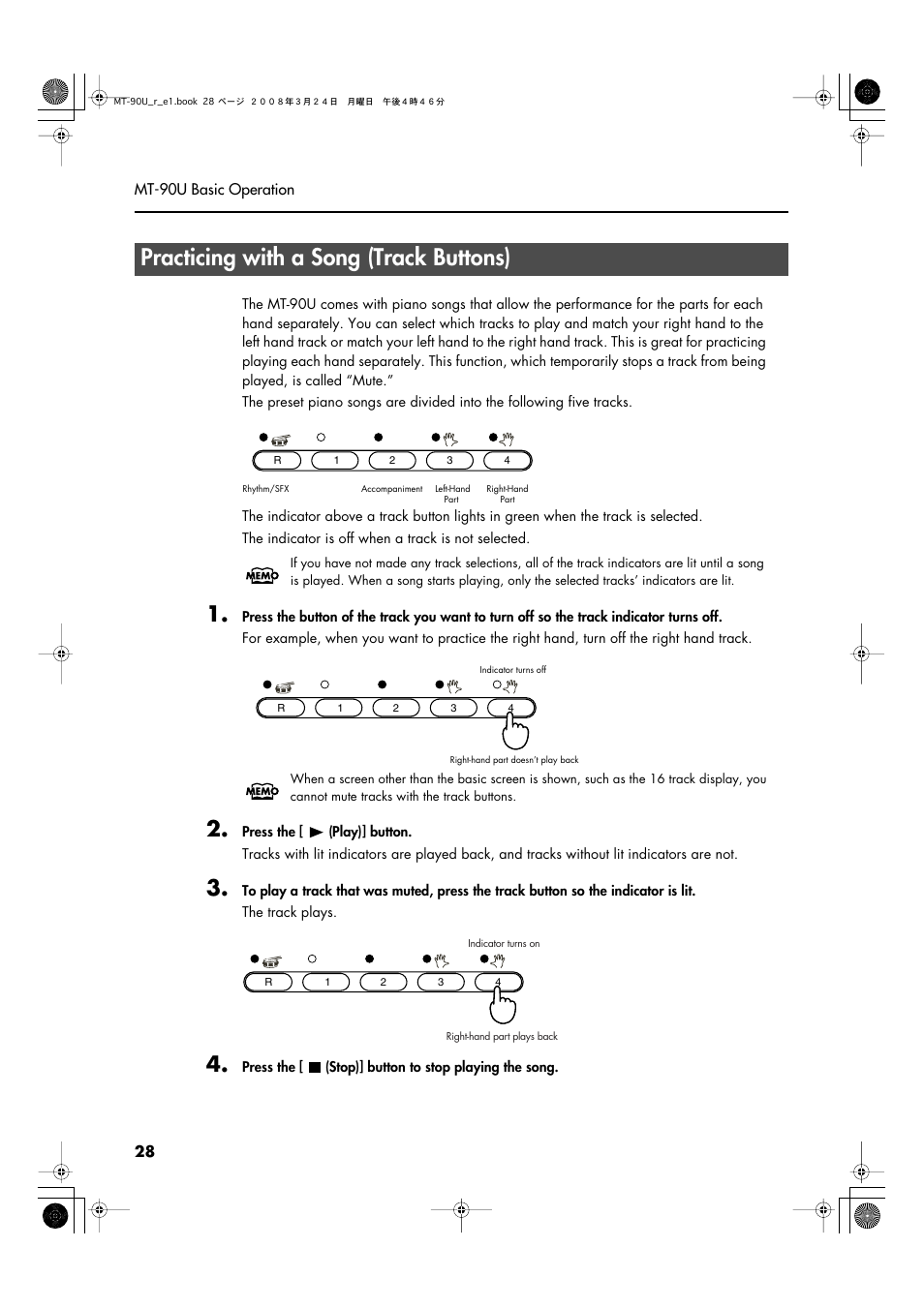 Practicing with a song (track buttons), Parts (tracks) (p. 28) | Roland MT-90U User Manual | Page 28 / 72