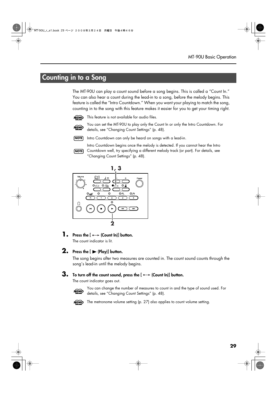 Counting in to a song, The end of a song’s intro (p. 29) | Roland MT-90U User Manual | Page 29 / 72