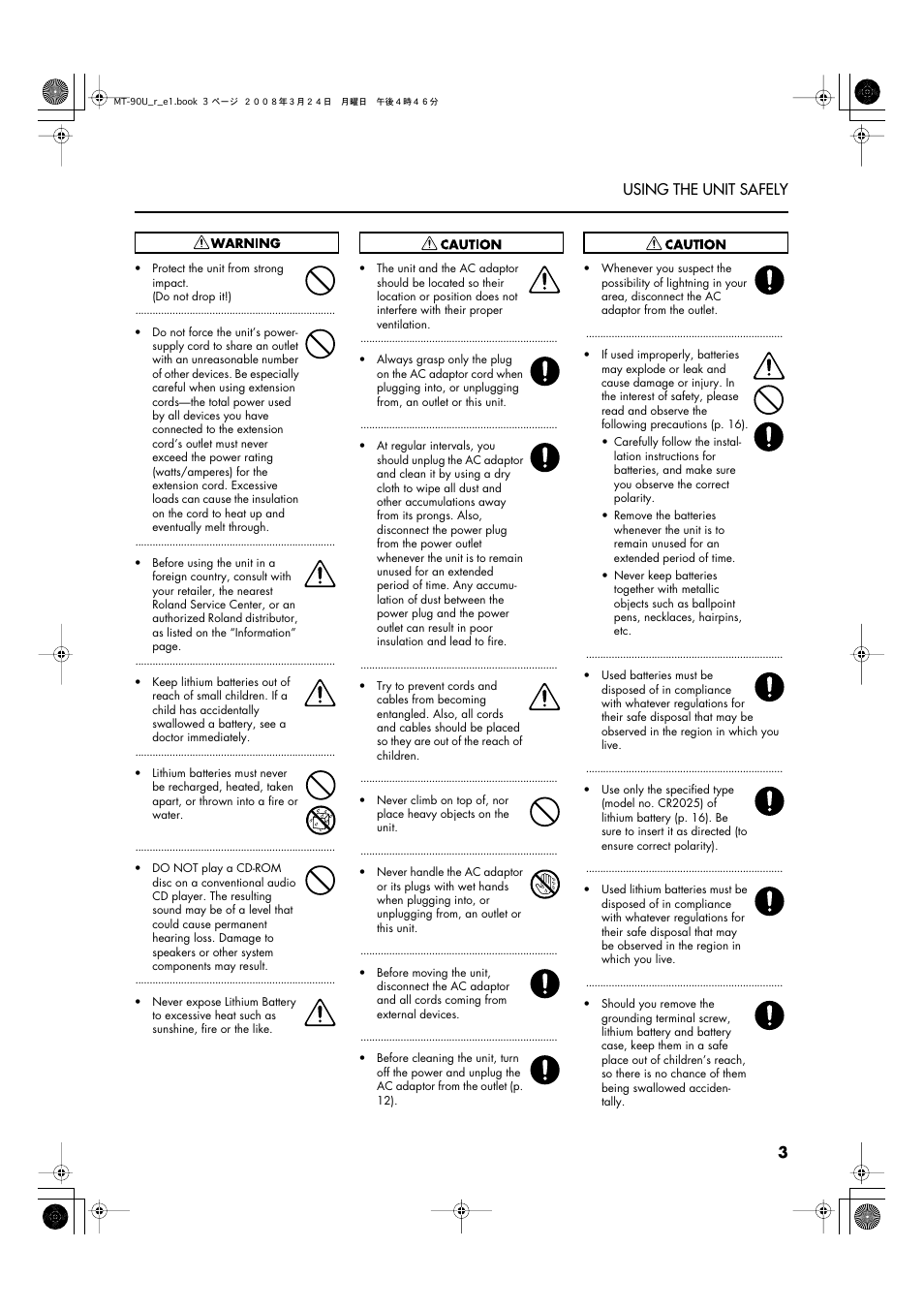3 using the unit safely | Roland MT-90U User Manual | Page 3 / 72