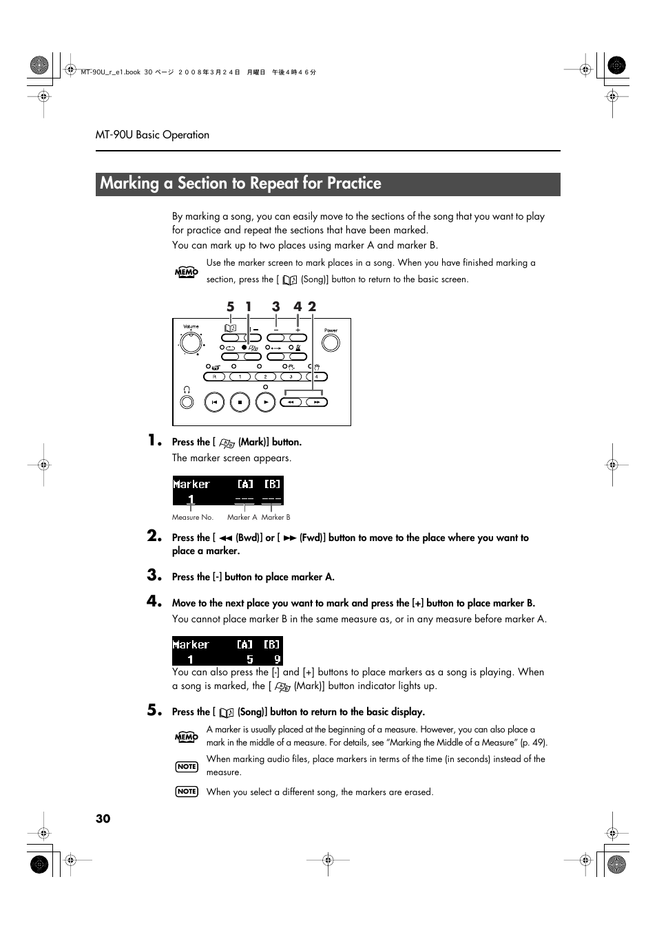Marking a section to repeat for practice | Roland MT-90U User Manual | Page 30 / 72