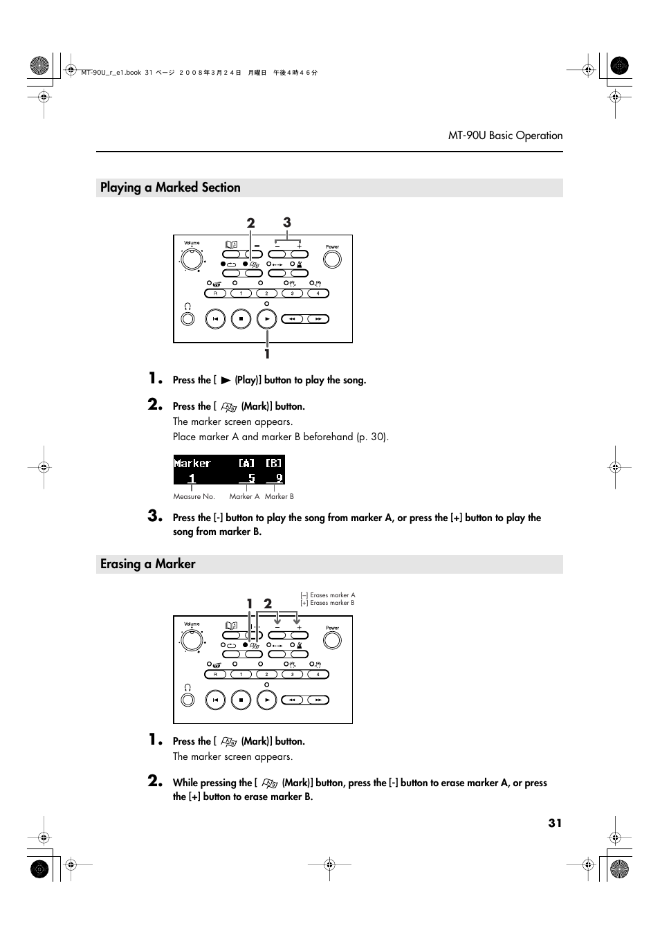 Playing a marked section erasing a marker | Roland MT-90U User Manual | Page 31 / 72