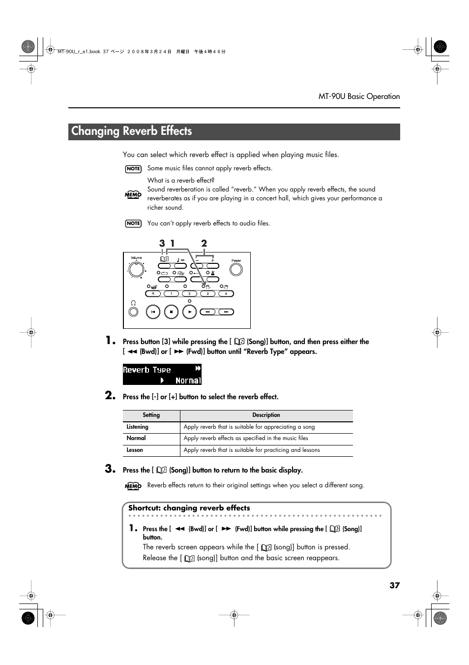 Changing reverb effects | Roland MT-90U User Manual | Page 37 / 72