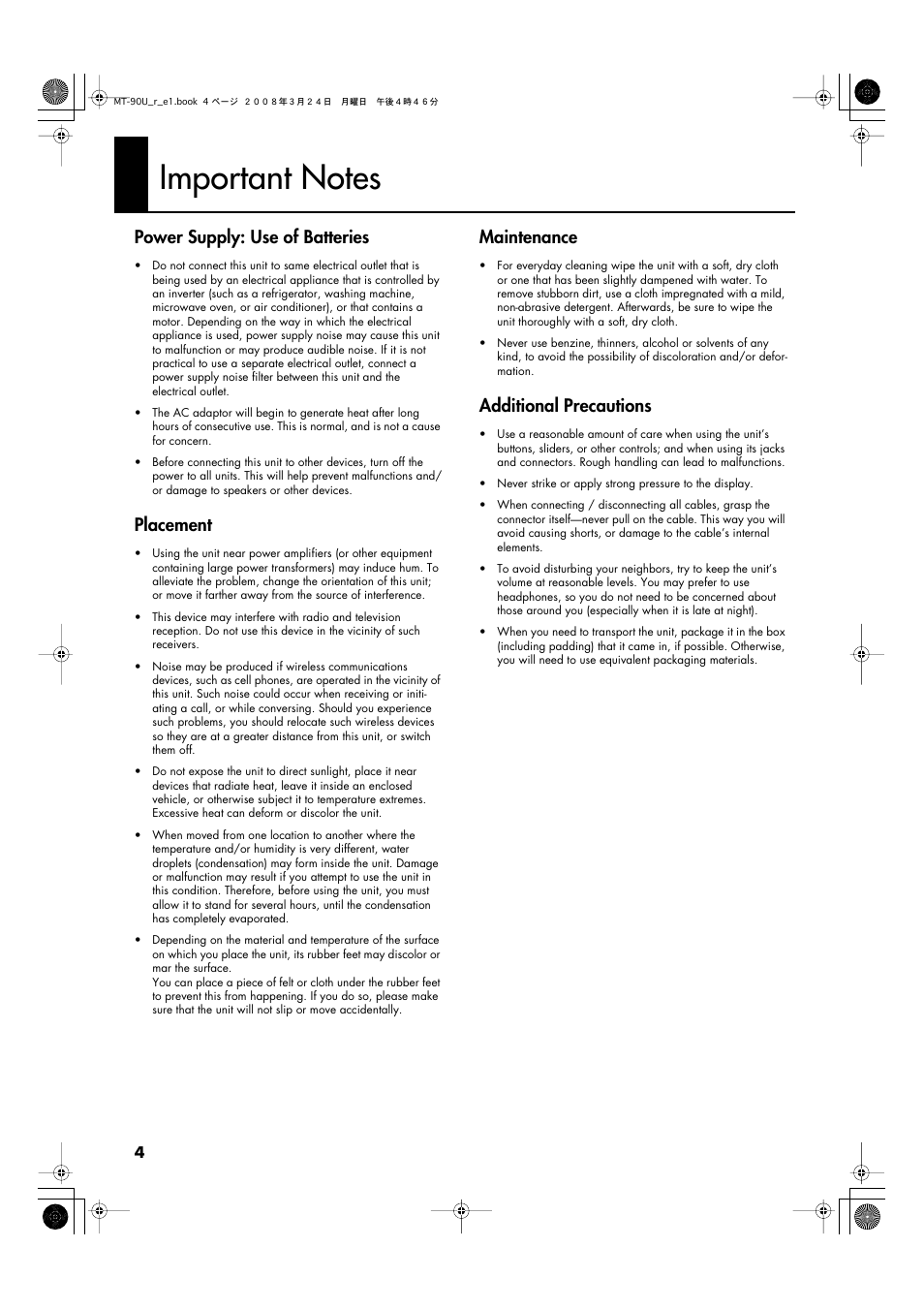 Important notes, Power supply: use of batteries, Placement | Maintenance, Additional precautions | Roland MT-90U User Manual | Page 4 / 72