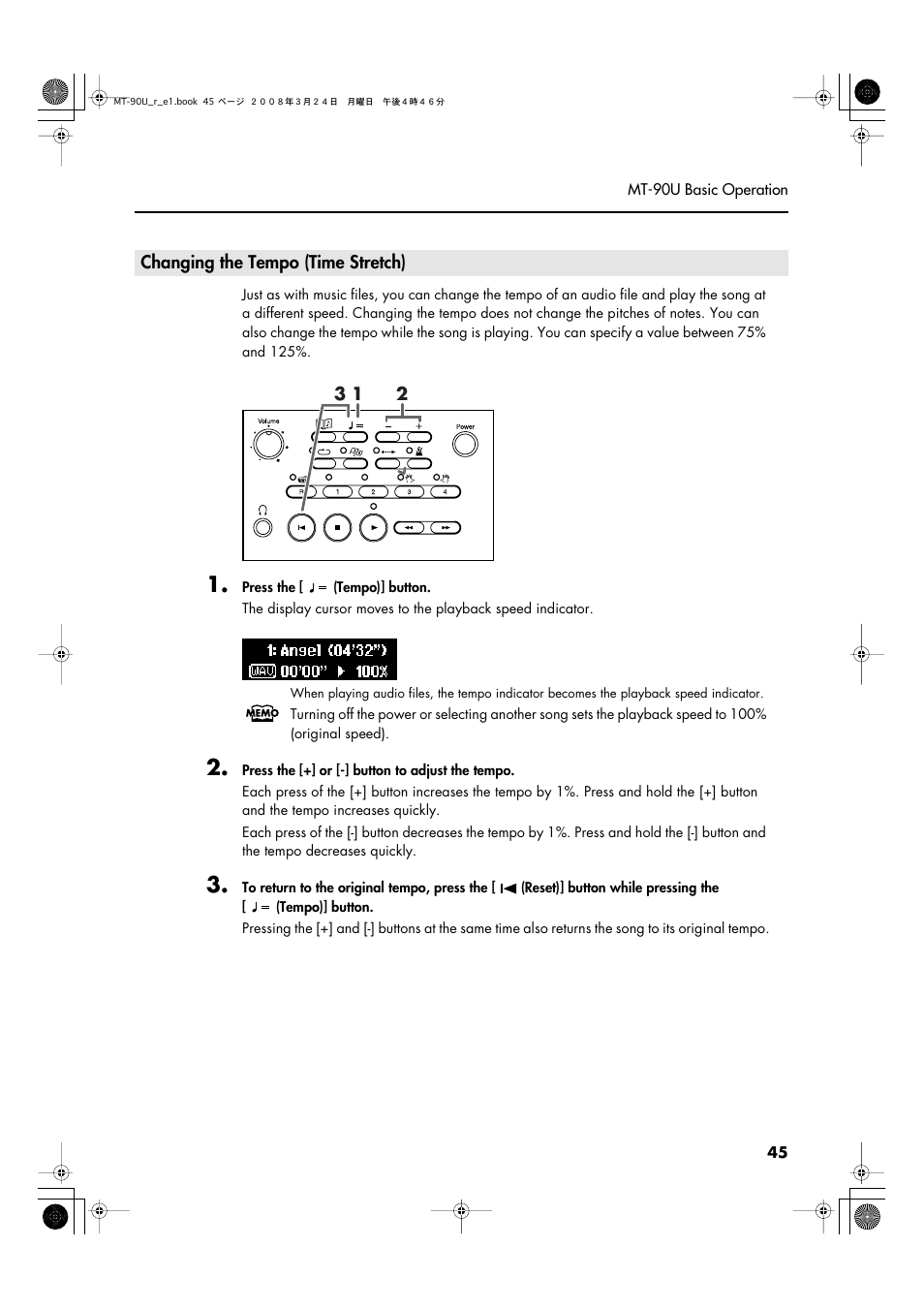 Changing the tempo (time stretch) | Roland MT-90U User Manual | Page 45 / 72