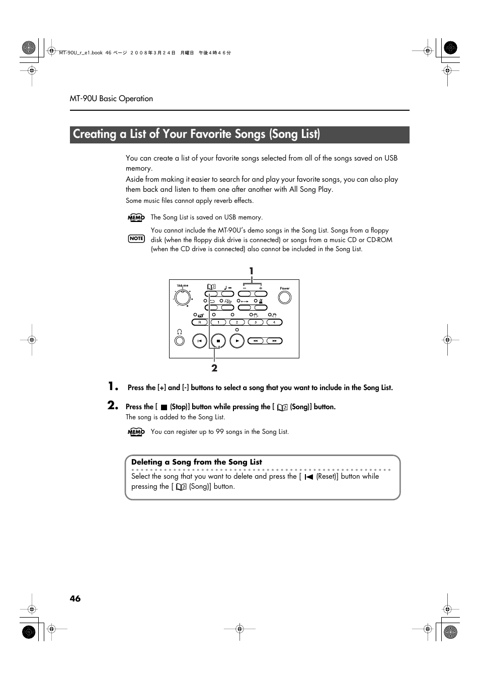 Creating a list of your favorite songs (song list) | Roland MT-90U User Manual | Page 46 / 72