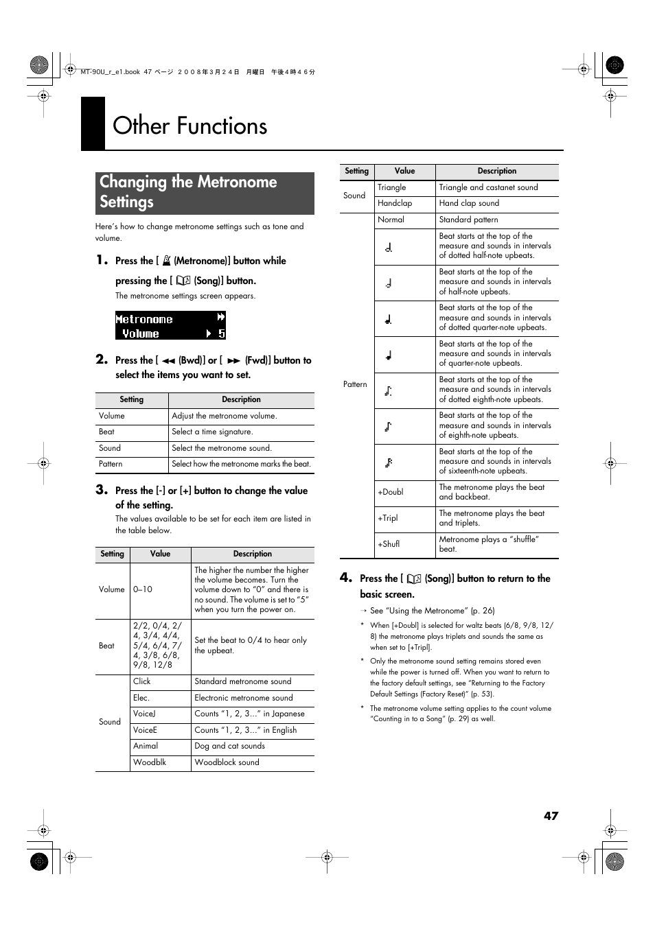 Other functions, Changing the metronome settings | Roland MT-90U User Manual | Page 47 / 72
