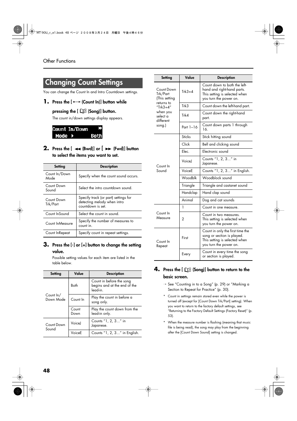 Changing count settings, Details, see “changing count settings” (p. 48), Changing count settings” (p. 48) | Roland MT-90U User Manual | Page 48 / 72