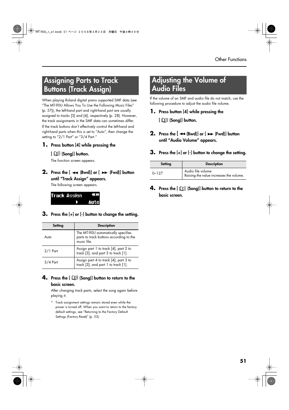 Assigning parts to track buttons (track assign), Adjusting the volume of audio files | Roland MT-90U User Manual | Page 51 / 72