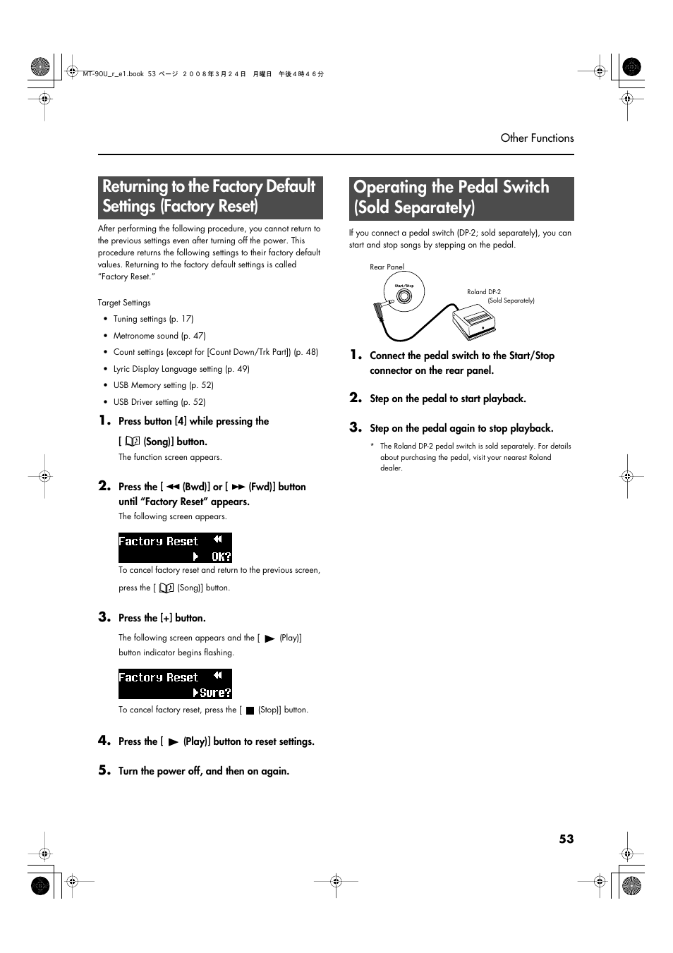 Operating the pedal switch (sold separately), The pedal (p. 53) | Roland MT-90U User Manual | Page 53 / 72