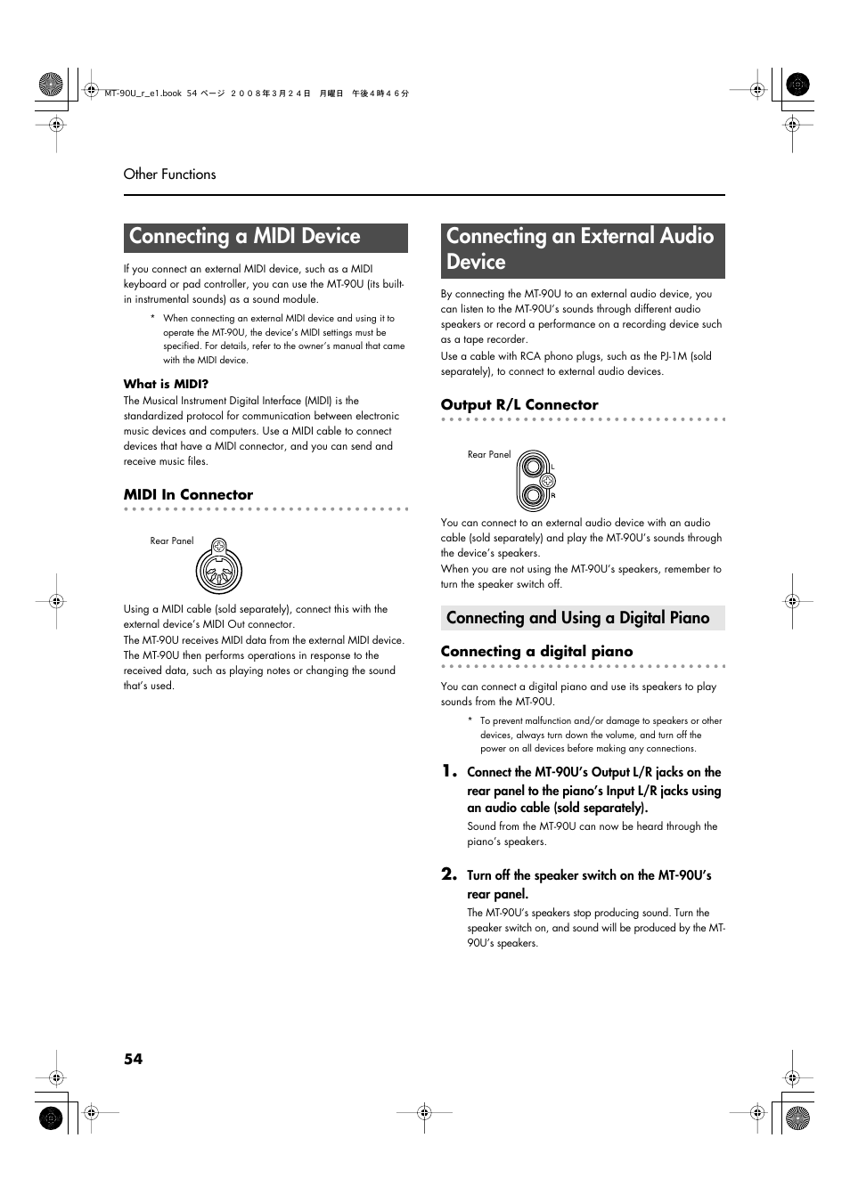 Connecting a midi device, Connecting an external audio device, Connecting and using a digital piano | Separately) (p. 54), Using a midi cable (sold separately) (p. 54) | Roland MT-90U User Manual | Page 54 / 72