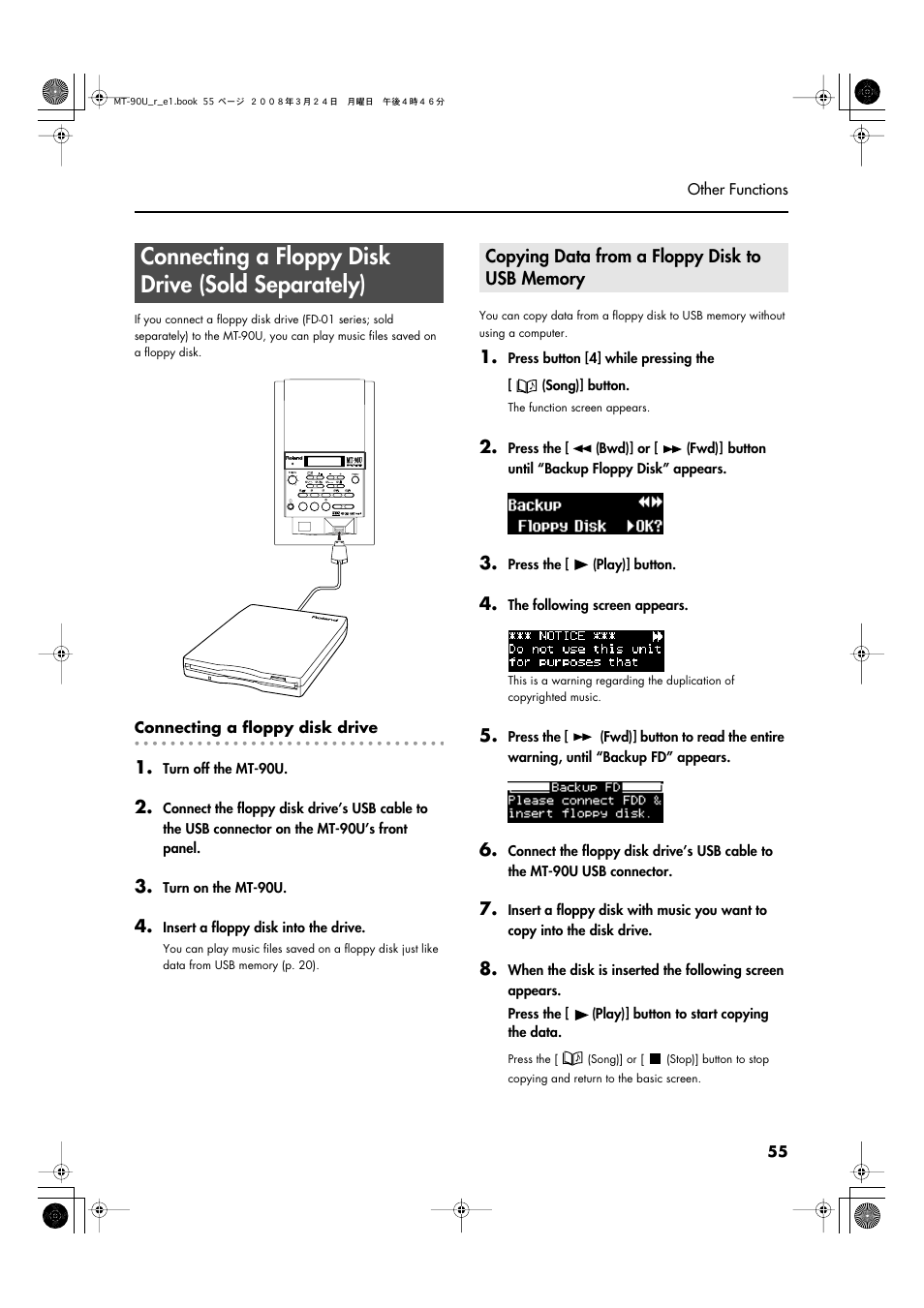 Connecting a floppy disk drive (sold separately), Copying data from a floppy disk to usb memory | Roland MT-90U User Manual | Page 55 / 72