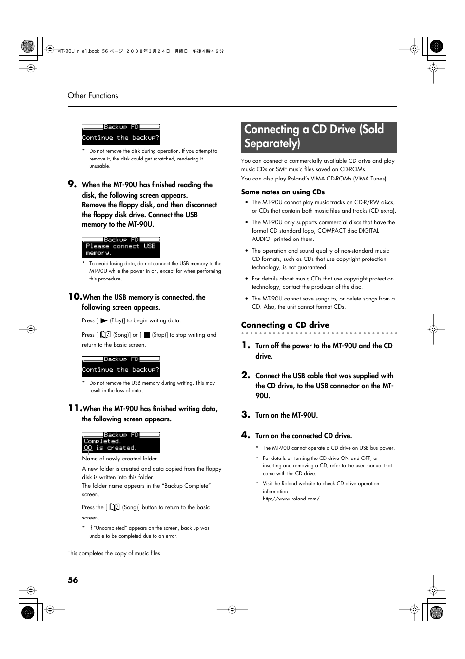 Connecting a cd drive (sold separately) | Roland MT-90U User Manual | Page 56 / 72