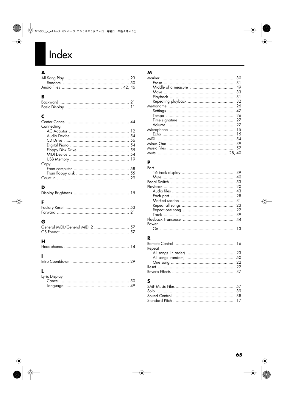 Index | Roland MT-90U User Manual | Page 65 / 72