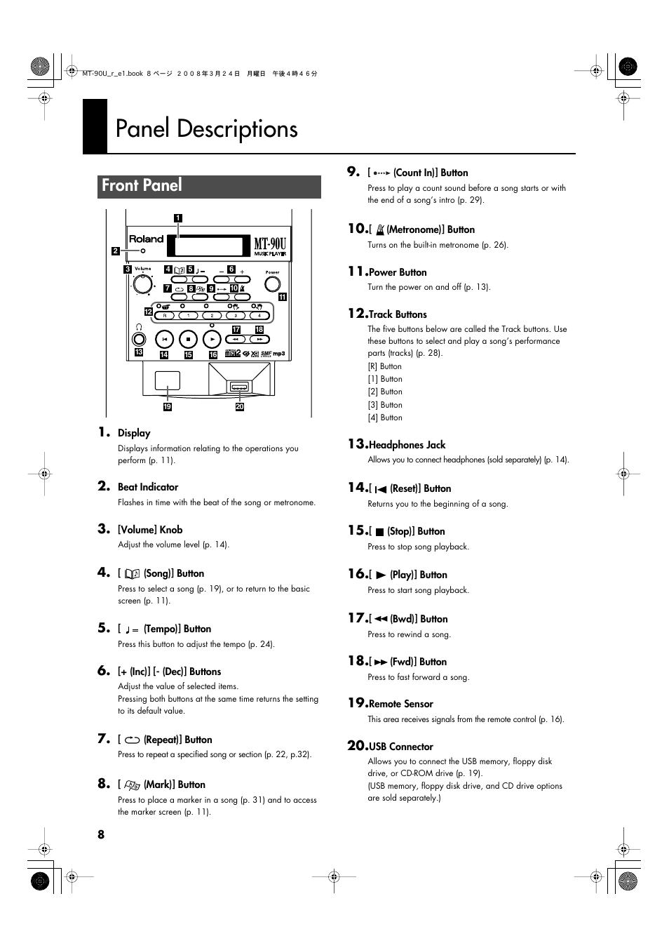 Panel descriptions, Front panel | Roland MT-90U User Manual | Page 8 / 72