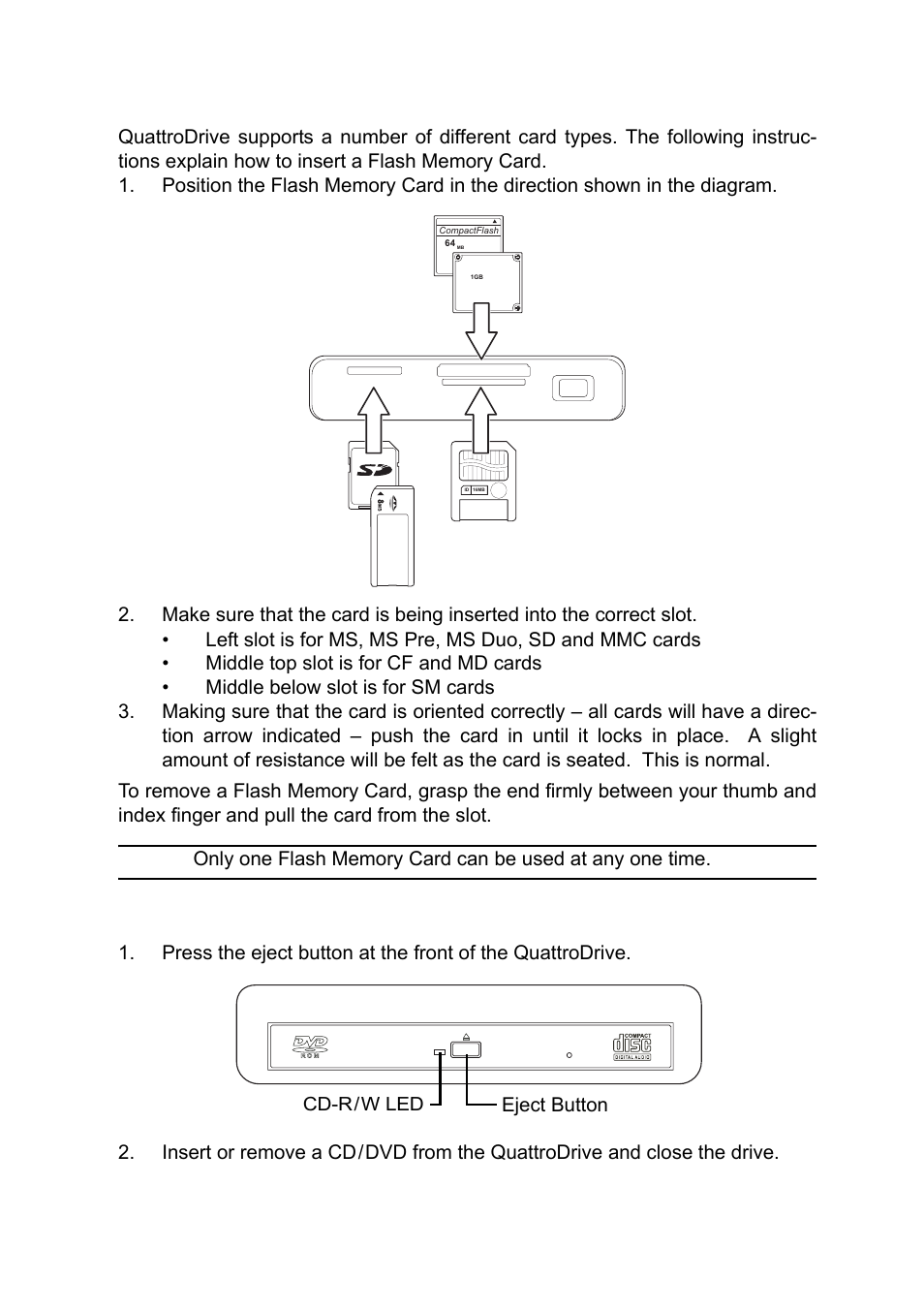 Inserting flash memory cards, Inserting and removing a cd, Eject button | Ritek QuattroDrive User Manual | Page 10 / 33