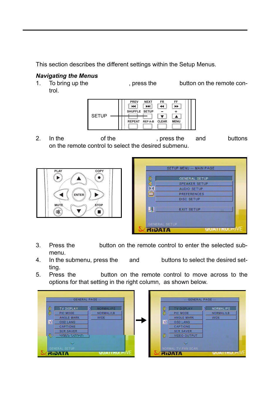 Using quattrodrive, Using the osd setup menus, Navigating the menus | Ritek QuattroDrive User Manual | Page 12 / 33