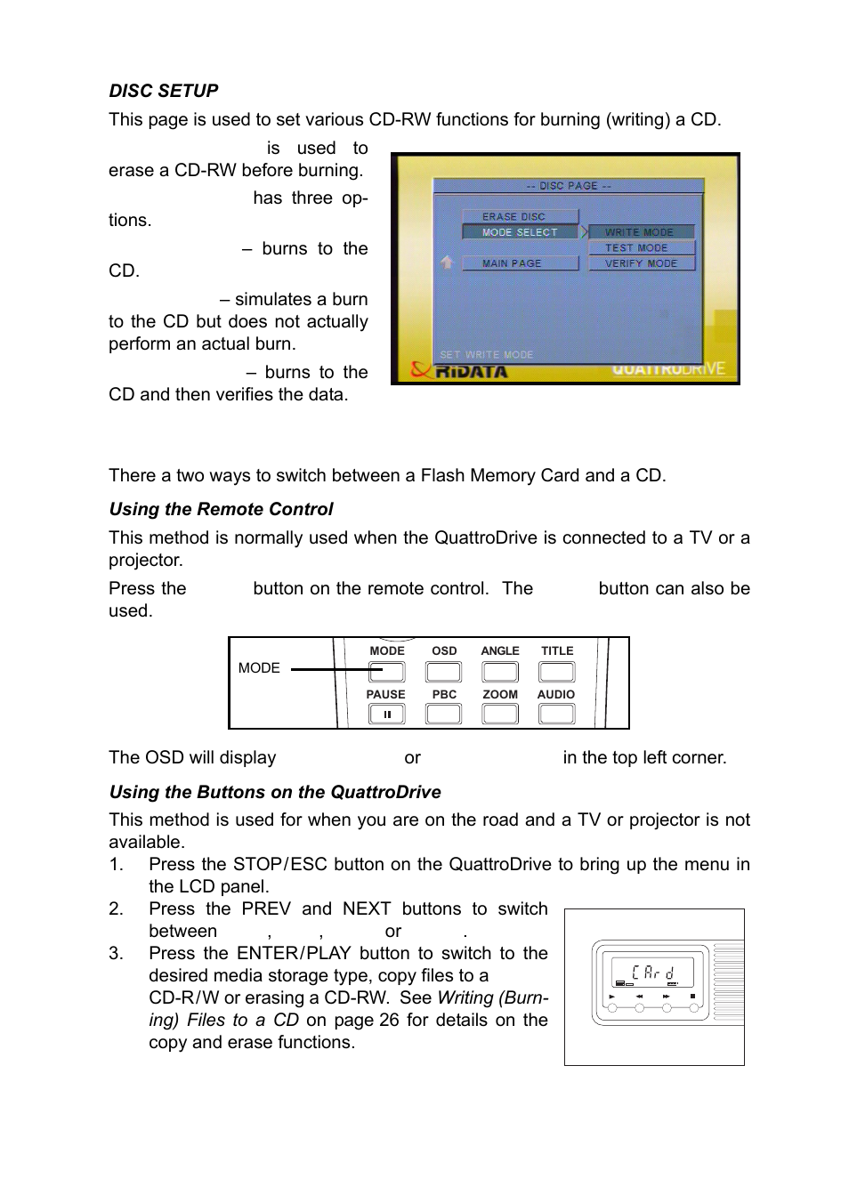 Disc setup, Switching between flash memory cards and a cd, Using the remote control | Using the buttons on the quattrodrive | Ritek QuattroDrive User Manual | Page 22 / 33