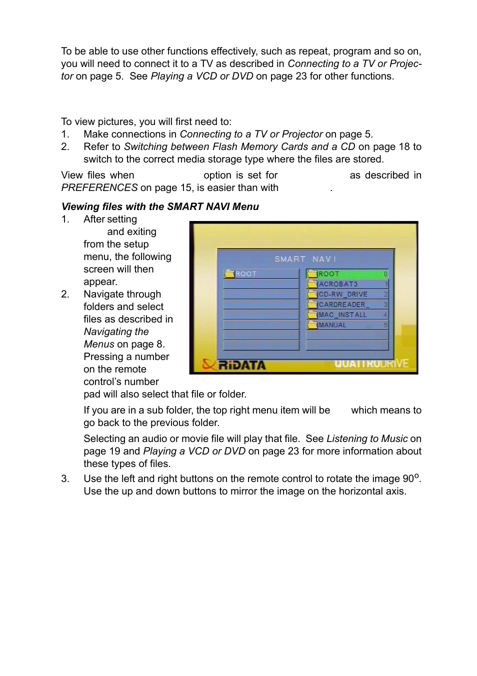 Viewing and editing media files, Viewing files with the smart navi menu | Ritek QuattroDrive User Manual | Page 24 / 33