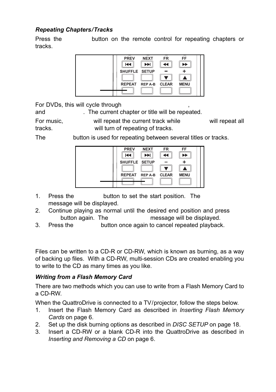 Repeating chapters / tracks, Writing (burning) files to a cd, Writing from a flash memory card | Writing (burning) files to a cd 26 | Ritek QuattroDrive User Manual | Page 30 / 33