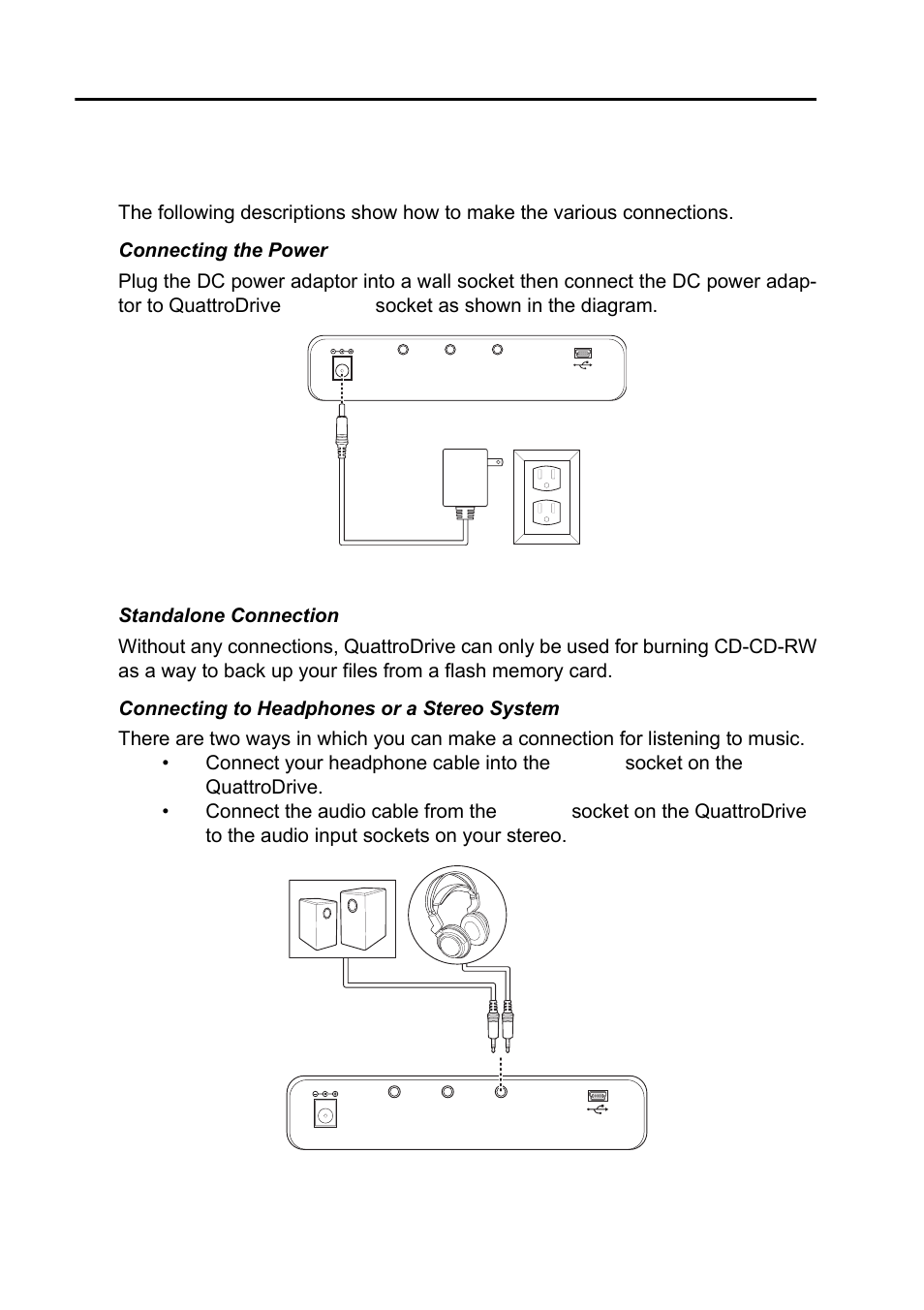 Getting started, Cable connections, Connecting the power | Standalone connection, Connecting to headphones or a stereo system, Cable connections 4 | Ritek QuattroDrive User Manual | Page 8 / 33