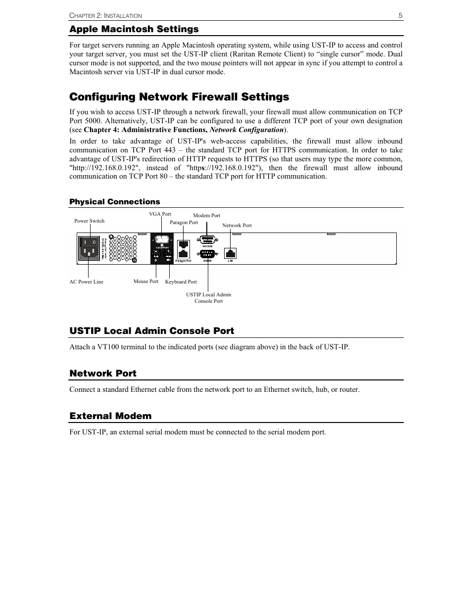 Configuring network firewall settings, Apple macintosh settings, Ustip local admin console port | Network port, External modem | Raritan Computer UST-IP User Manual | Page 11 / 64
