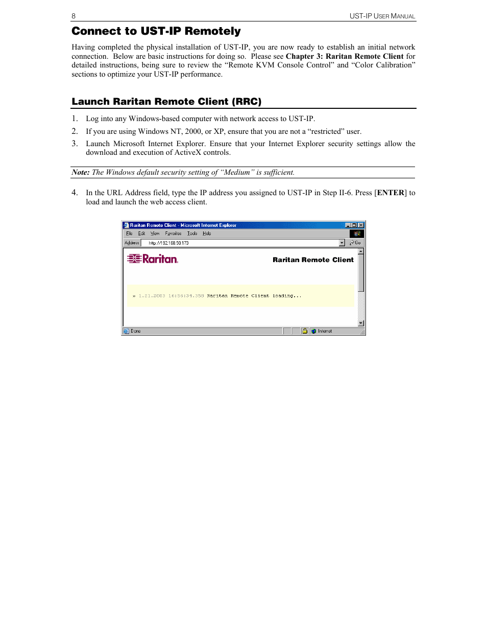 Connect to ust-ip remotely | Raritan Computer UST-IP User Manual | Page 14 / 64