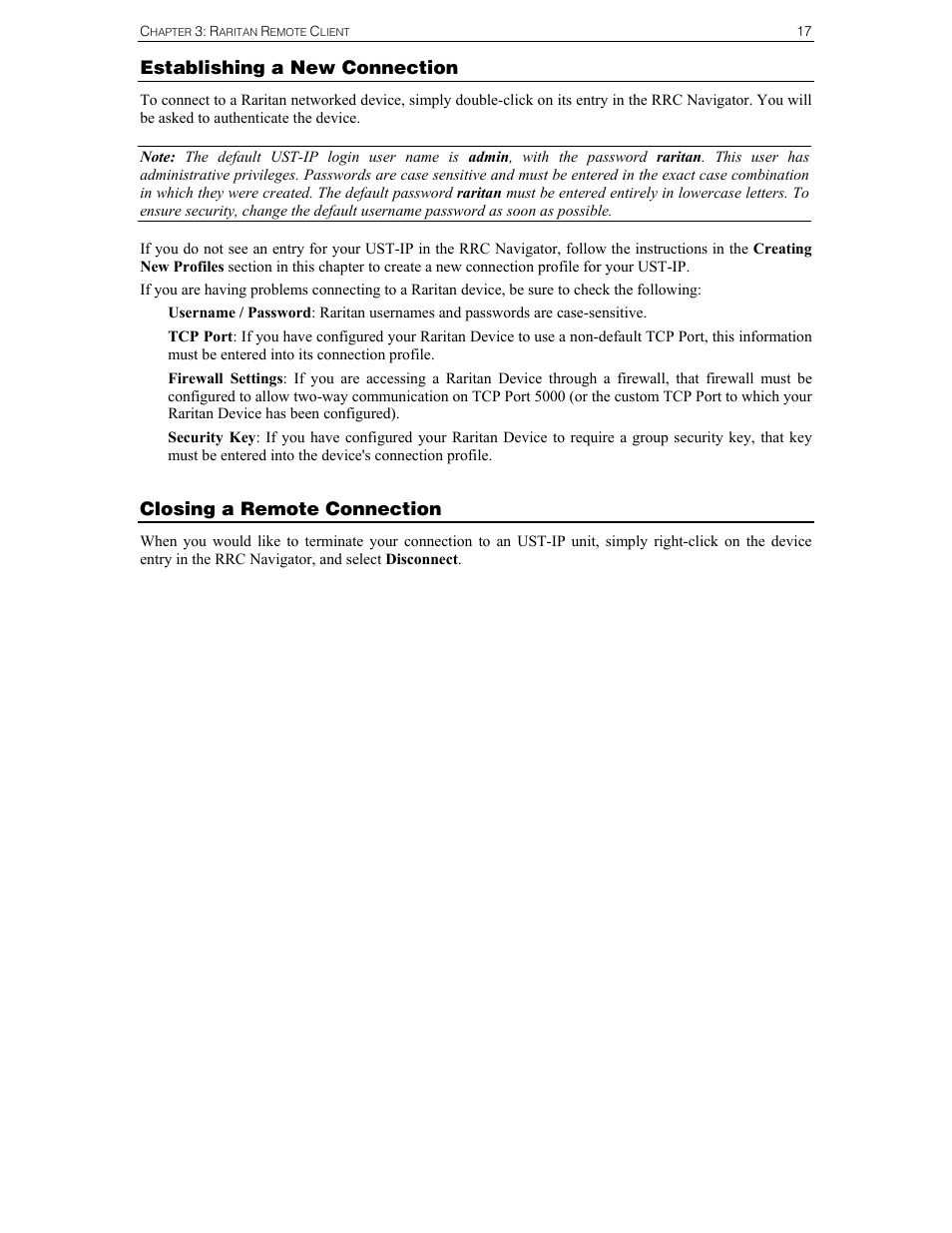 Establishing a new connection, Closing a remote connection | Raritan Computer UST-IP User Manual | Page 23 / 64