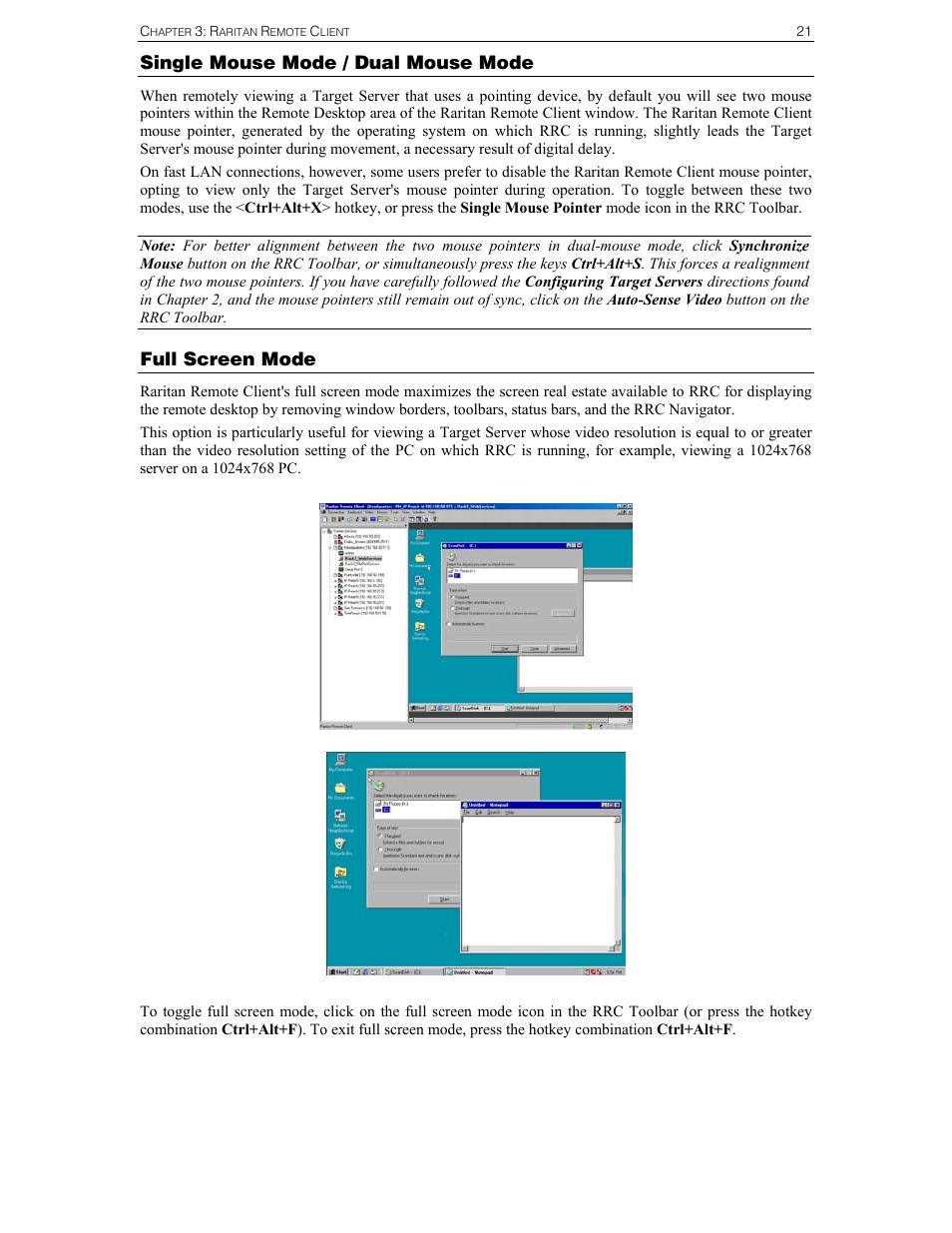 Single mouse mode / dual mouse mode, Full screen mode | Raritan Computer UST-IP User Manual | Page 27 / 64