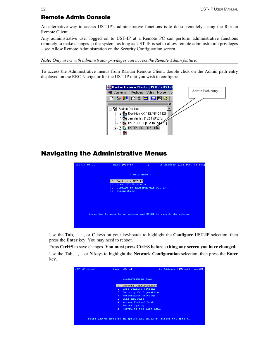 Navigating the administrative menus | Raritan Computer UST-IP User Manual | Page 38 / 64