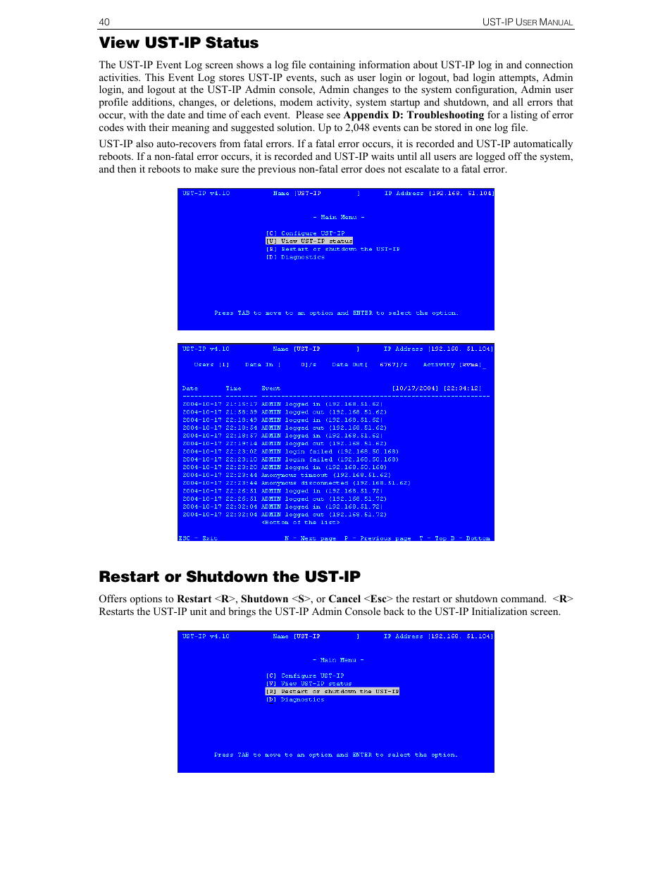 View ust-ip status, Restart or shutdown the ust-ip | Raritan Computer UST-IP User Manual | Page 46 / 64