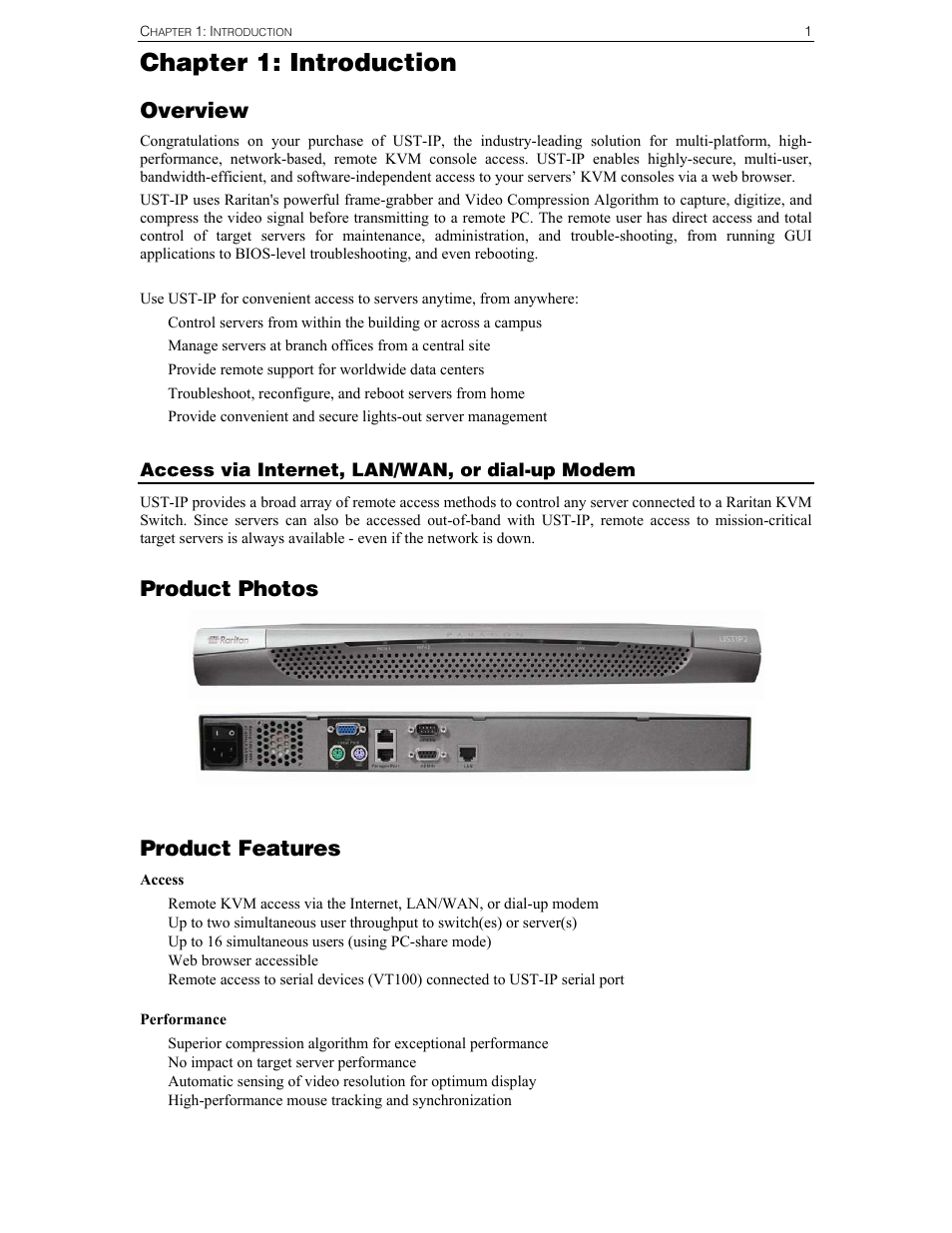 Chapter 1: introduction, Overview, Product photos | Product features | Raritan Computer UST-IP User Manual | Page 7 / 64