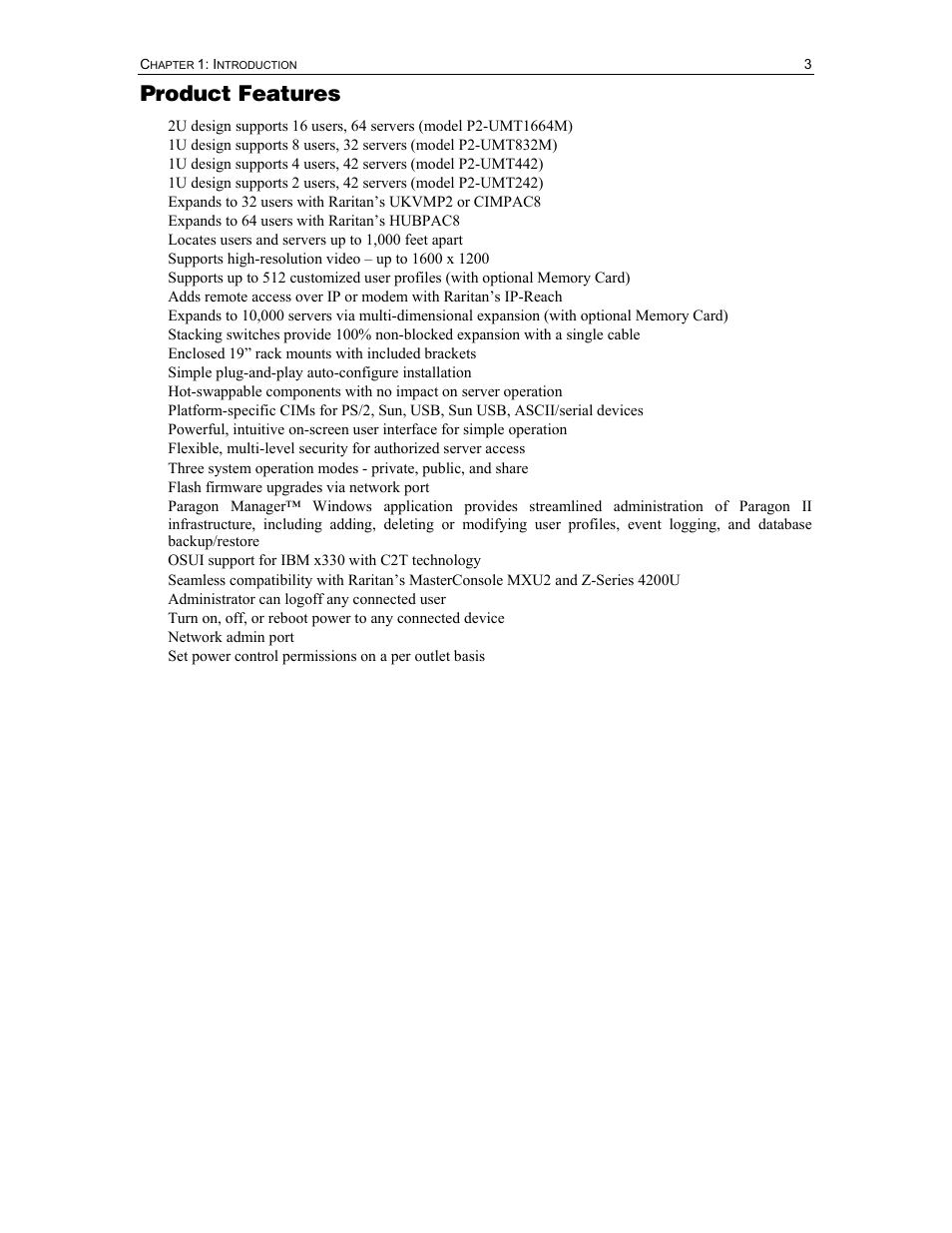 Product features | Raritan Computer Paragon P2-UMT1664M User Manual | Page 13 / 96