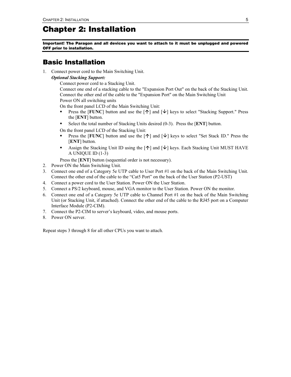 Chapter 2: installation, Basic installation | Raritan Computer Paragon P2-UMT1664M User Manual | Page 15 / 96