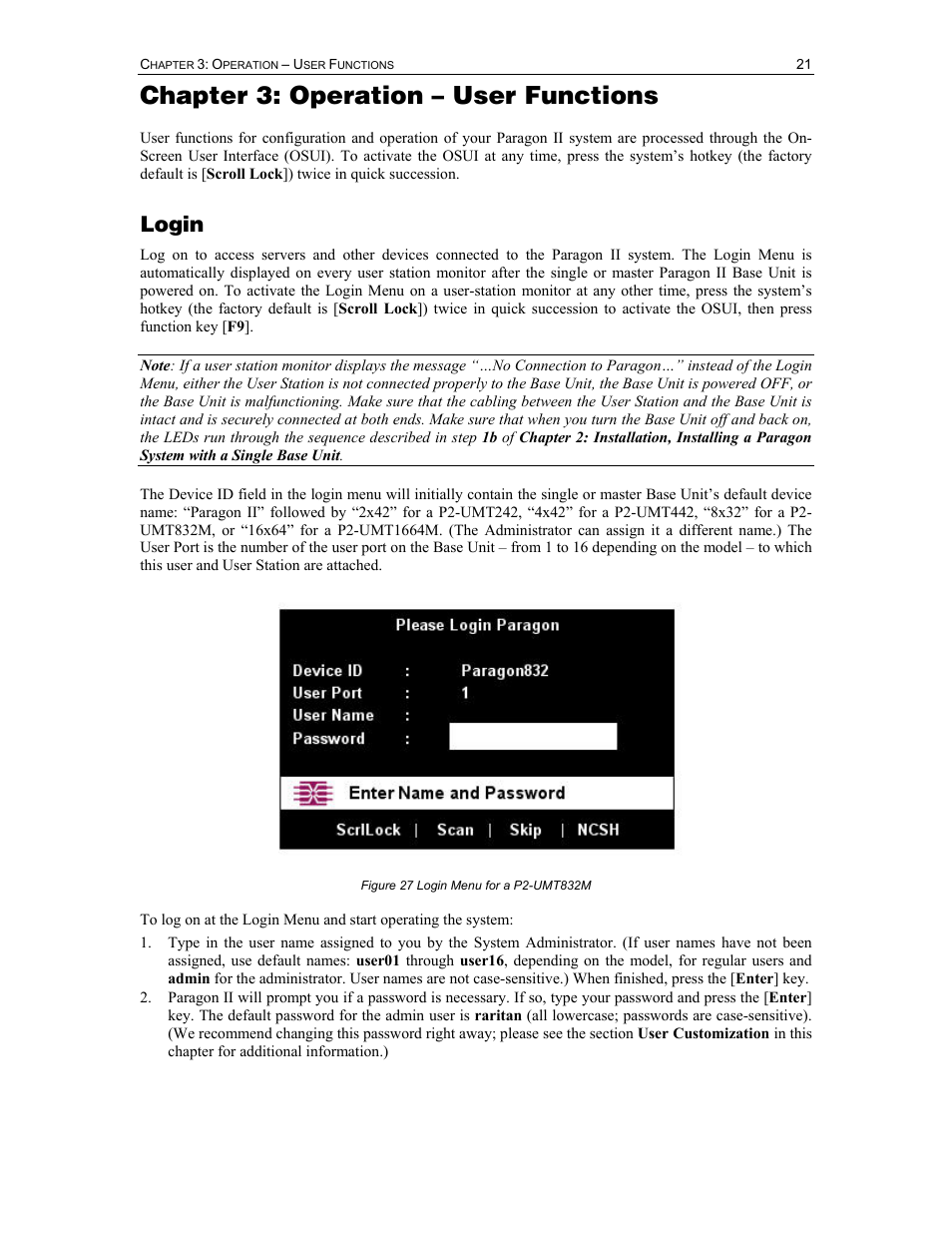 Chapter 3: operation – user functions, Login | Raritan Computer Paragon P2-UMT1664M User Manual | Page 31 / 96