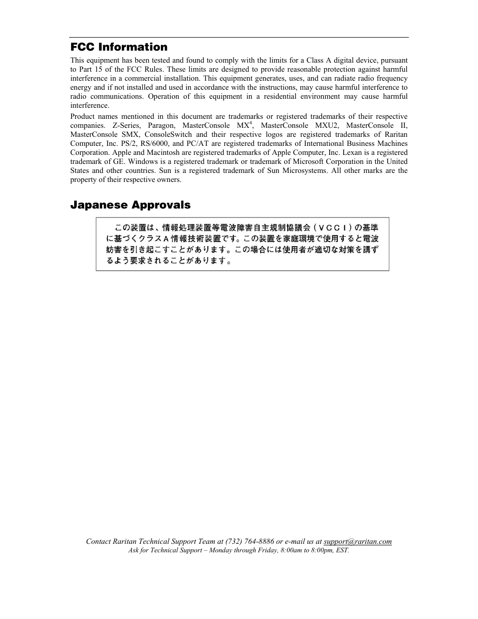 Fcc information, Japanese approvals | Raritan Computer Paragon P2-UMT1664M User Manual | Page 5 / 96