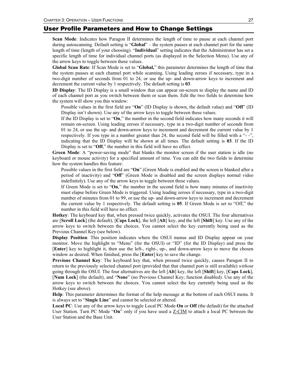 User profile parameters and how to change settings | Raritan Computer II User Manual | Page 37 / 96