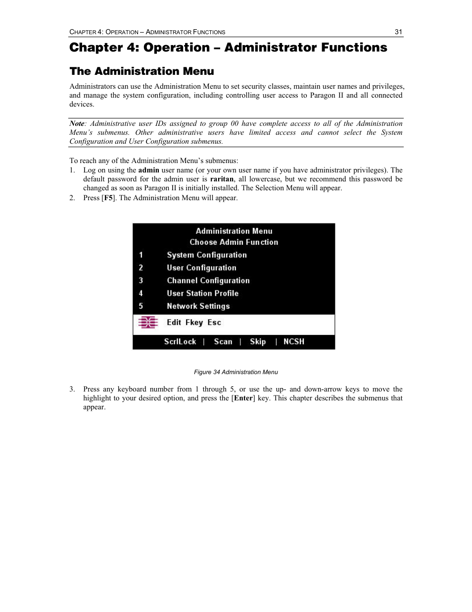 Chapter 4: operation – administrator functions, The administration menu | Raritan Computer II User Manual | Page 41 / 96