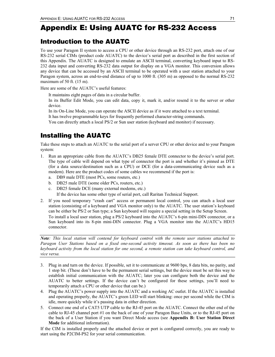 Appendix e: using auatc for rs-232 access, Introduction to the auatc, Installing the auatc | Raritan Computer II User Manual | Page 81 / 96