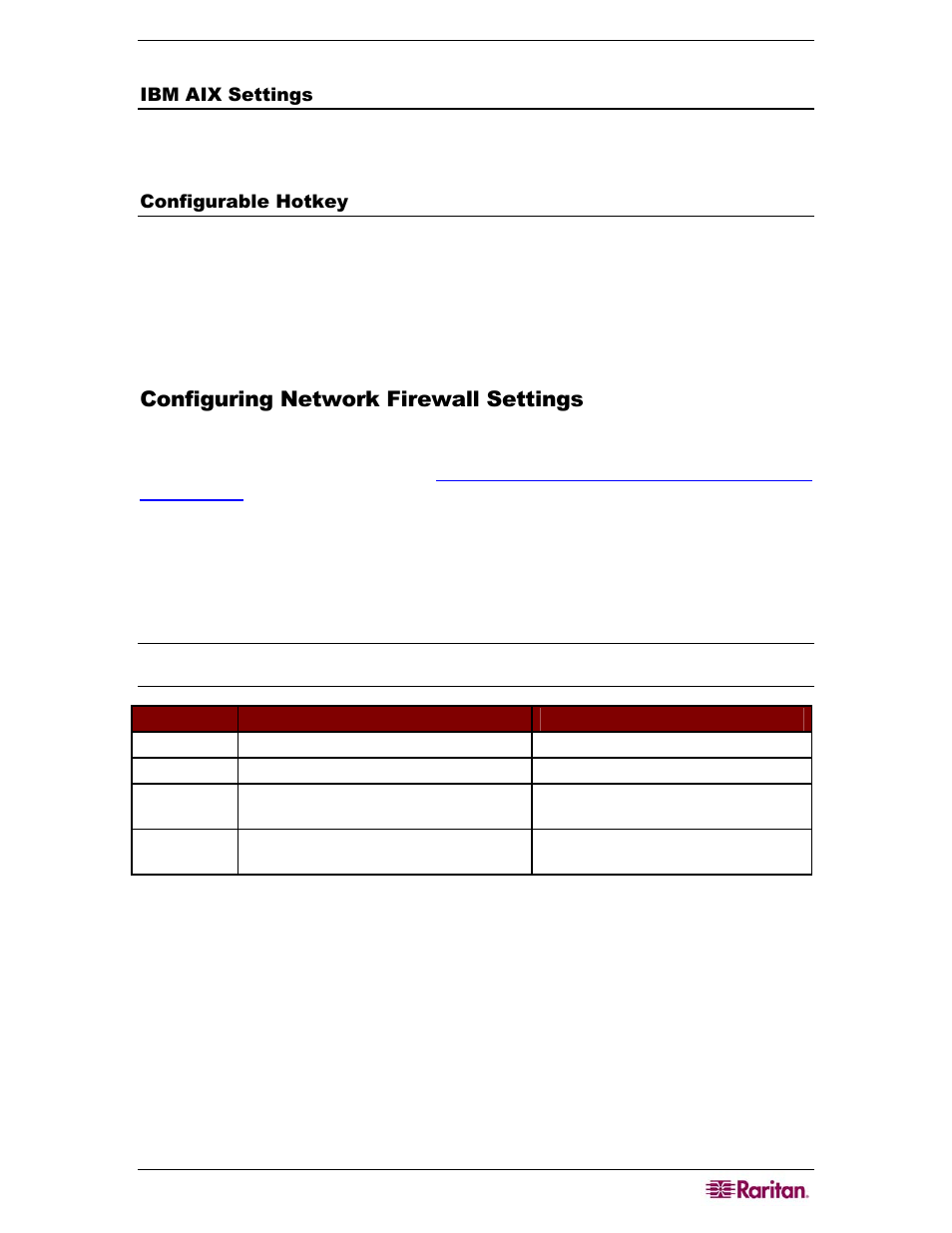 Ibm aix settings, Configurable hotkey, Configuring network firewall settings | Raritan Computer DOMINION DKX432 User Manual | Page 19 / 106