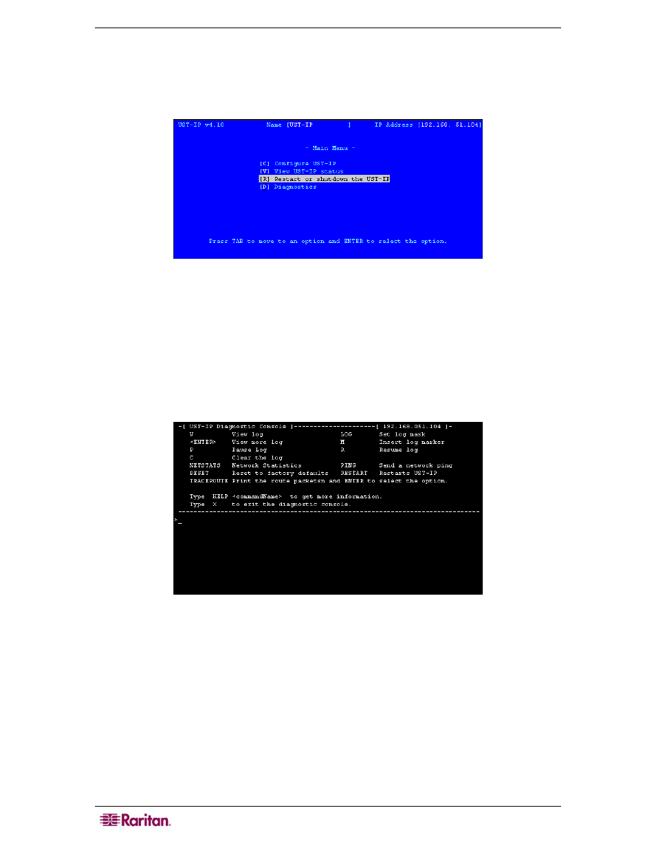 Restart or shutdown the ustip, Diagnostics | Raritan Computer P2-USTIP1 User Manual | Page 34 / 52
