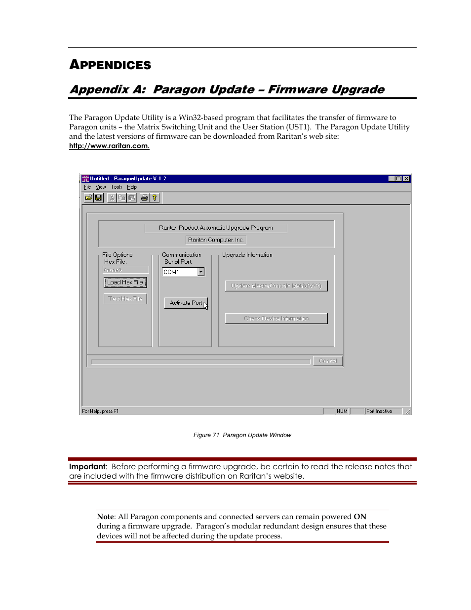 Appendix a: paragon update – firmware upgrade, Ppendices | Raritan Computer Paragon switch User Manual | Page 111 / 117