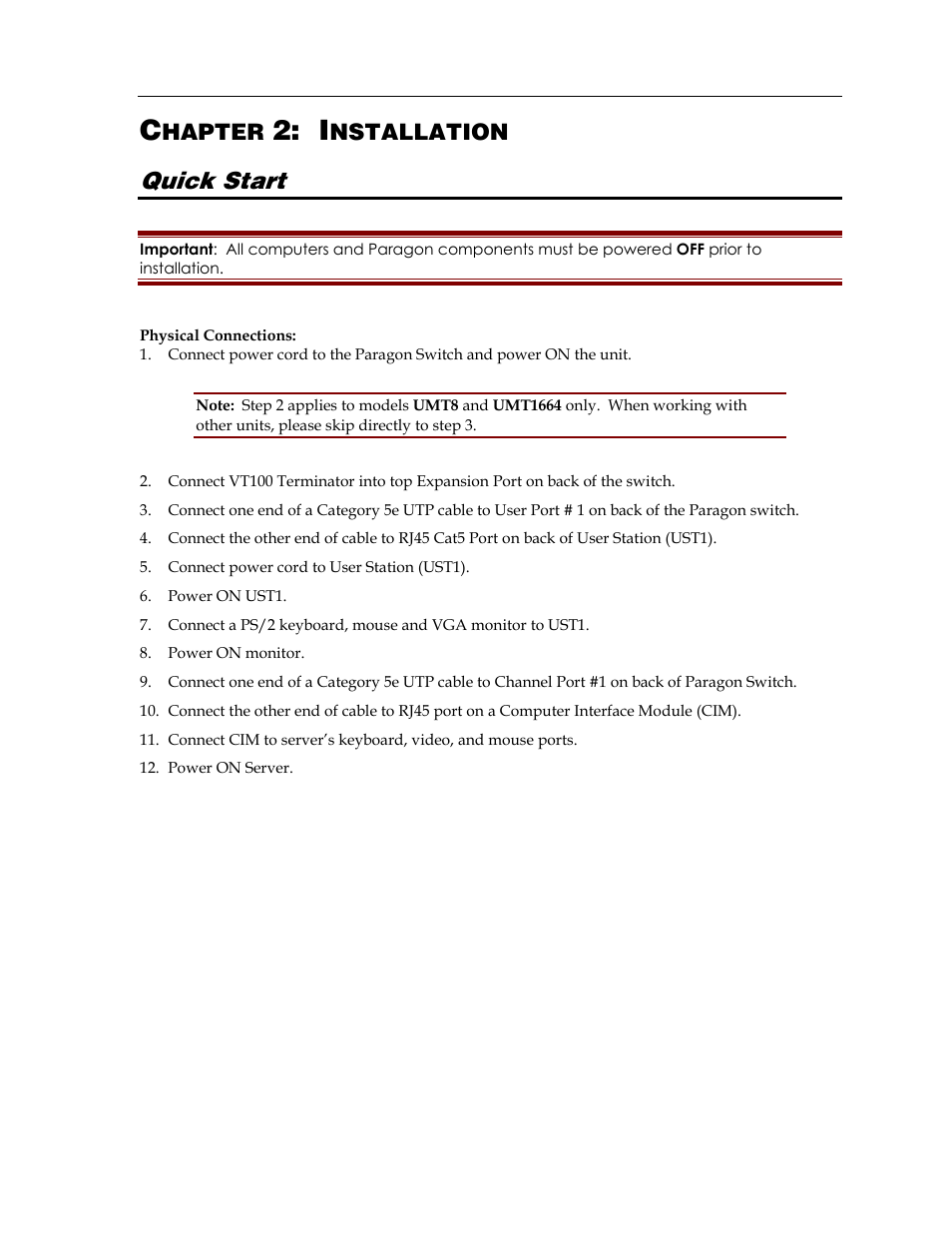 Quick start, Hapter, Nstallation | Raritan Computer Paragon switch User Manual | Page 15 / 117