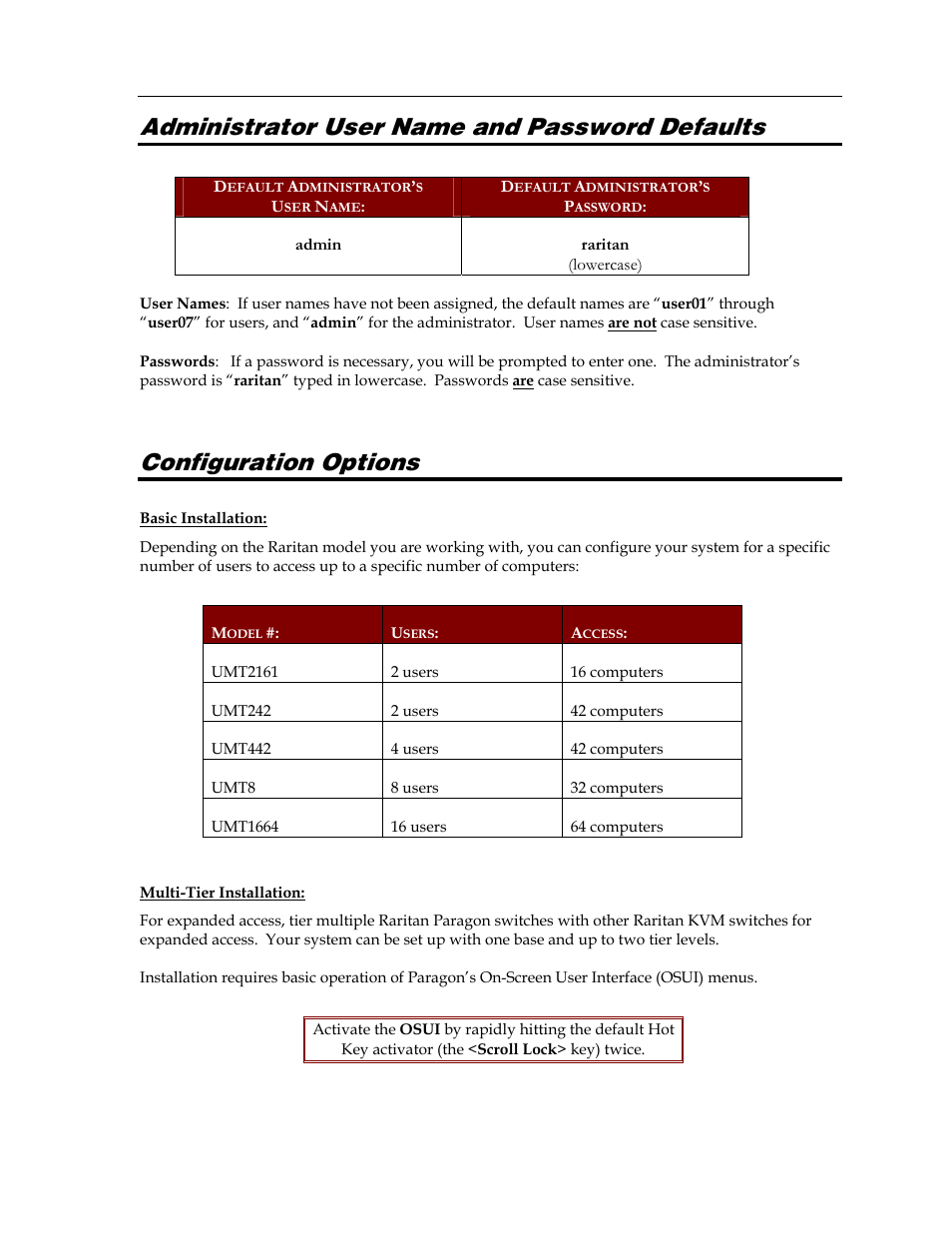 Administrator user name and password defaults, Configuration options | Raritan Computer Paragon switch User Manual | Page 17 / 117