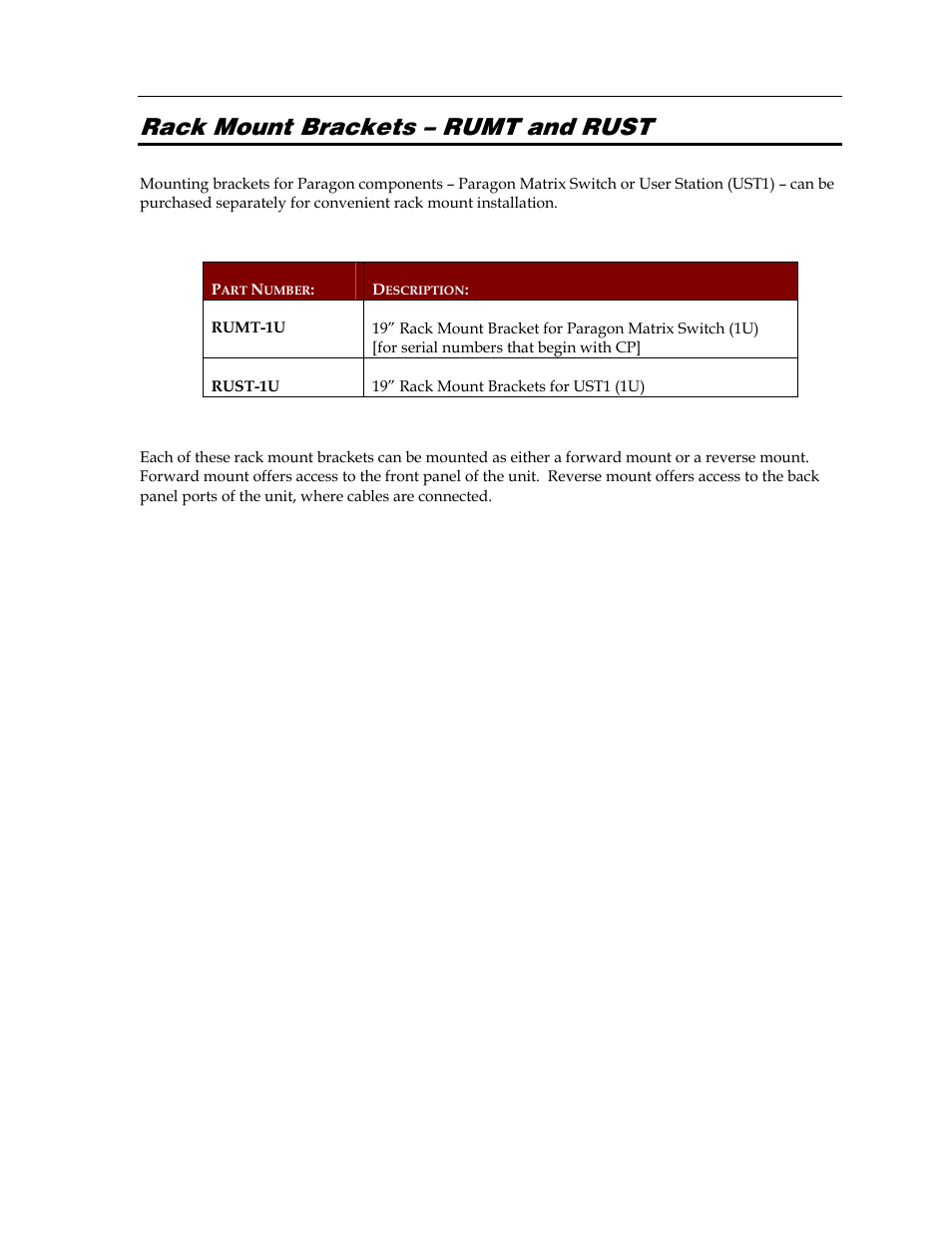 Rack mount brackets – rumt and rust | Raritan Computer Paragon switch User Manual | Page 51 / 117