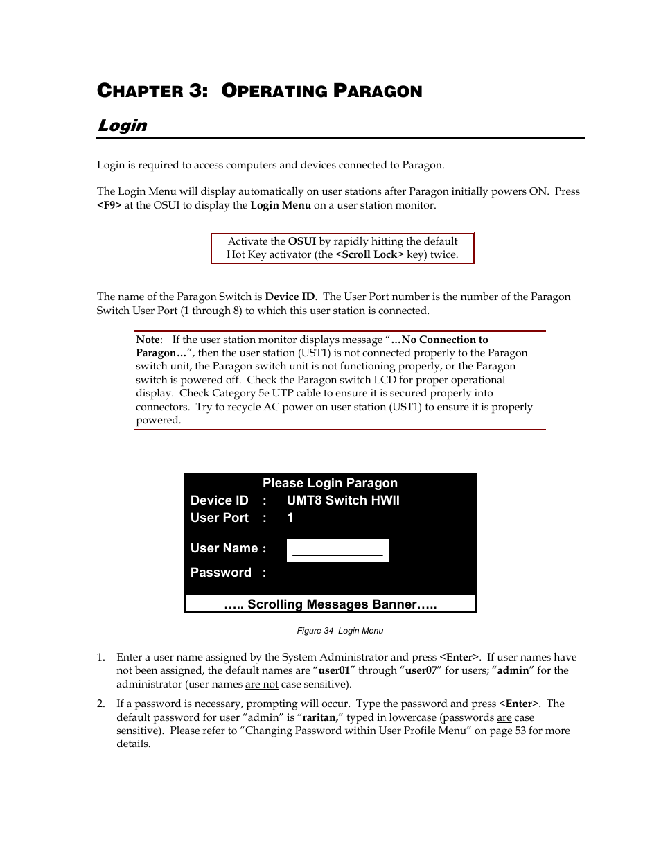 Login, Hapter, Perating | Aragon | Raritan Computer Paragon switch User Manual | Page 55 / 117