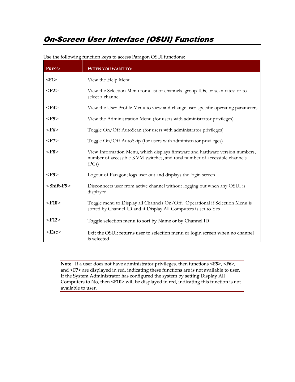 On-screen user interface (osui) functions | Raritan Computer Paragon switch User Manual | Page 63 / 117
